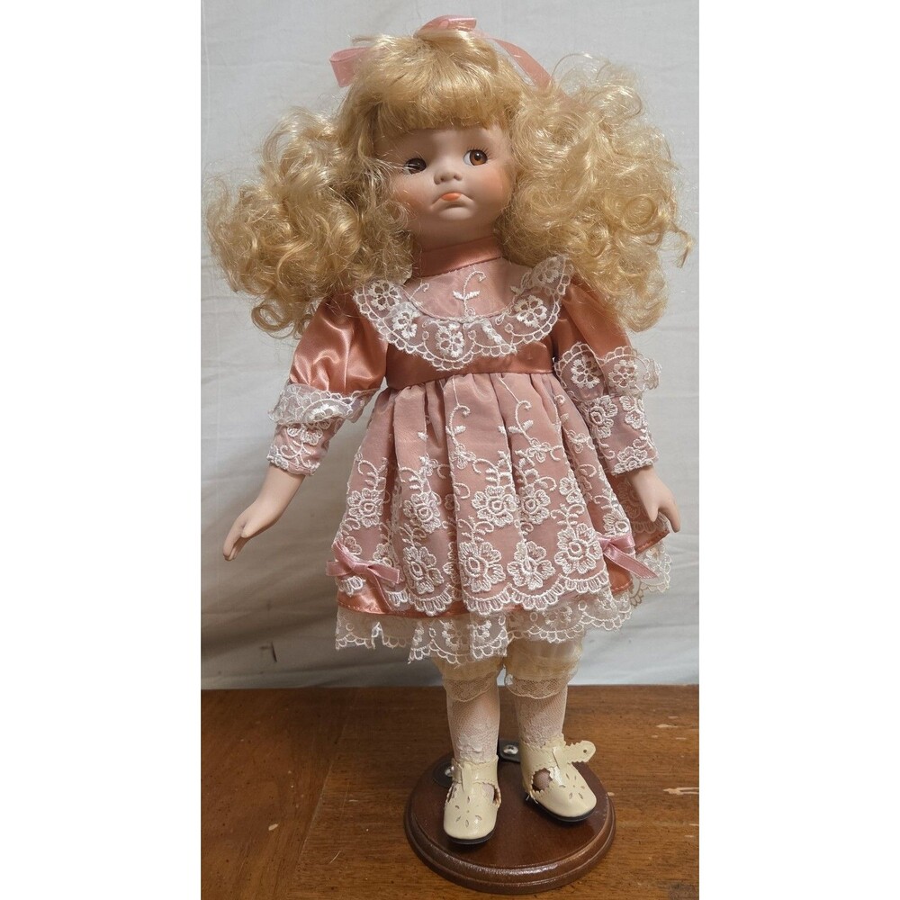 Danbury Mint Porcelain Doll Pouting 14 inch Pink Lace Dress